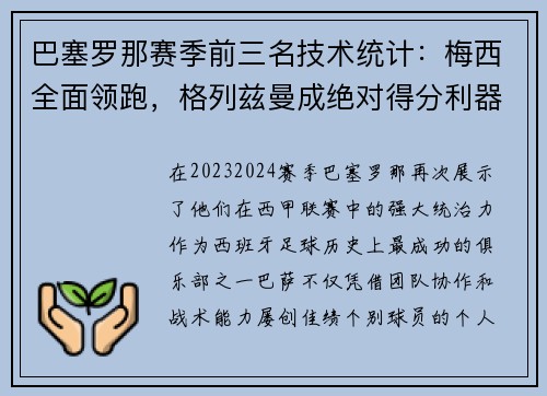 巴塞罗那赛季前三名技术统计：梅西全面领跑，格列兹曼成绝对得分利器