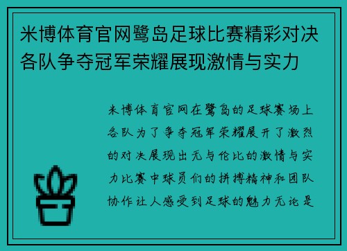 米博体育官网鹭岛足球比赛精彩对决各队争夺冠军荣耀展现激情与实力