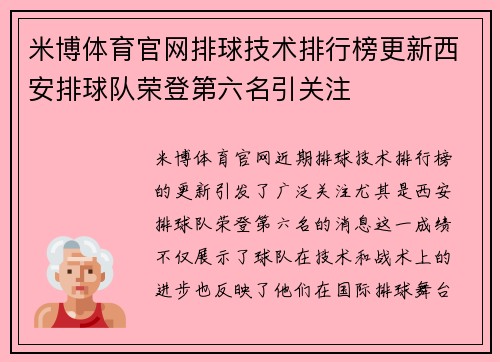 米博体育官网排球技术排行榜更新西安排球队荣登第六名引关注