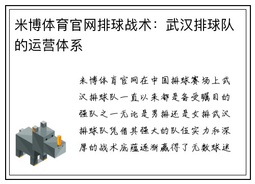 米博体育官网排球战术：武汉排球队的运营体系